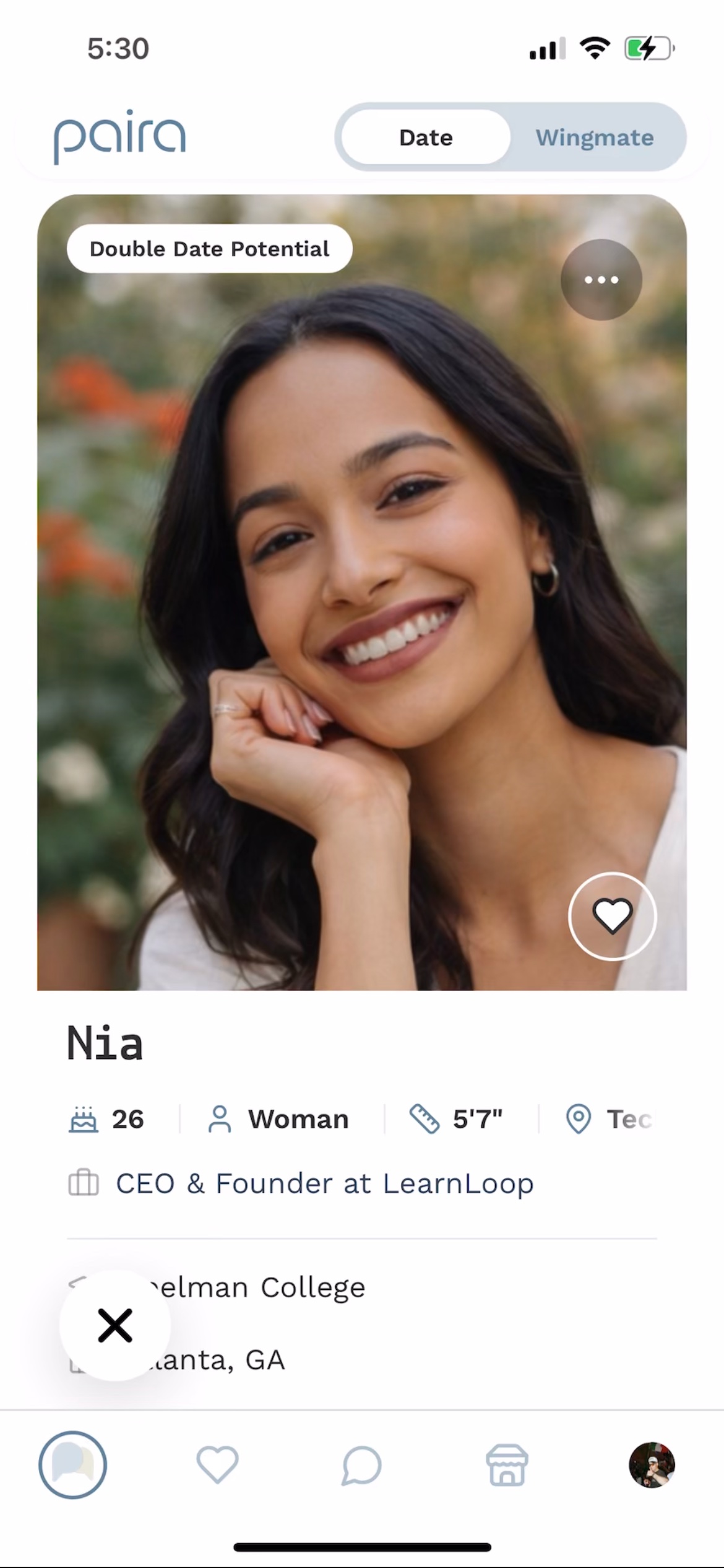 Paira date discovery screen showing Nia's profile and double date potential