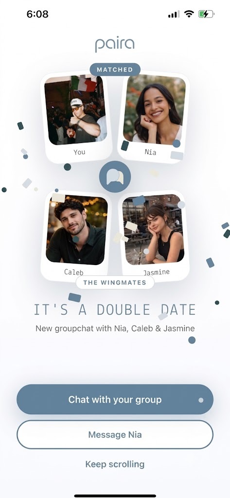 Paira match screen showing Nia, Caleb, and Jasmine joining a double date group