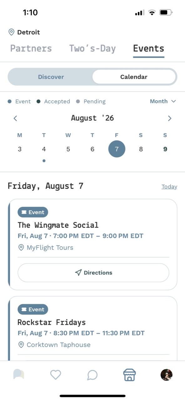 Paira events calendar showing The Wingmate Social and Rockstar Fridays