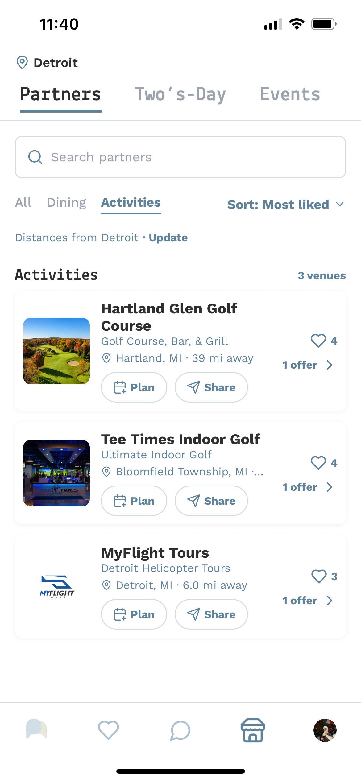 Paira activity partners screen showing golf and helicopter experiences