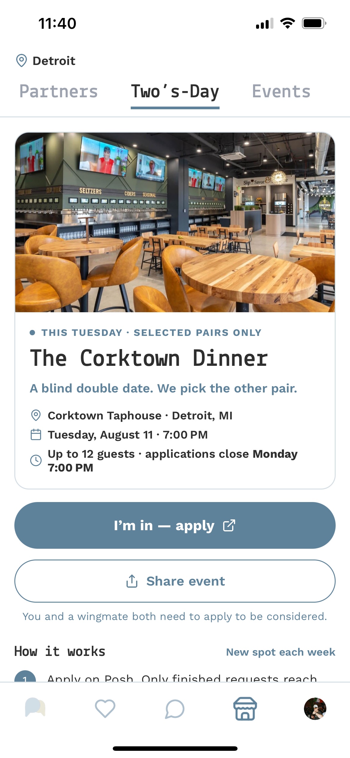 Paira Two’s-Day event screen showing a Corktown dinner
