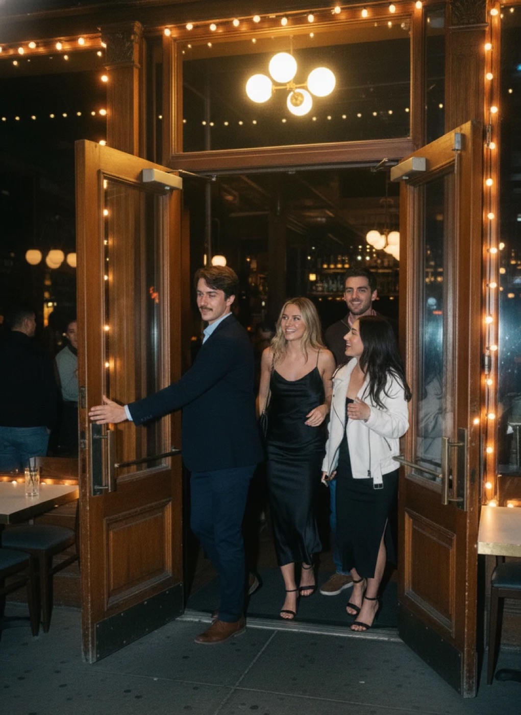Friends arriving at a restaurant together